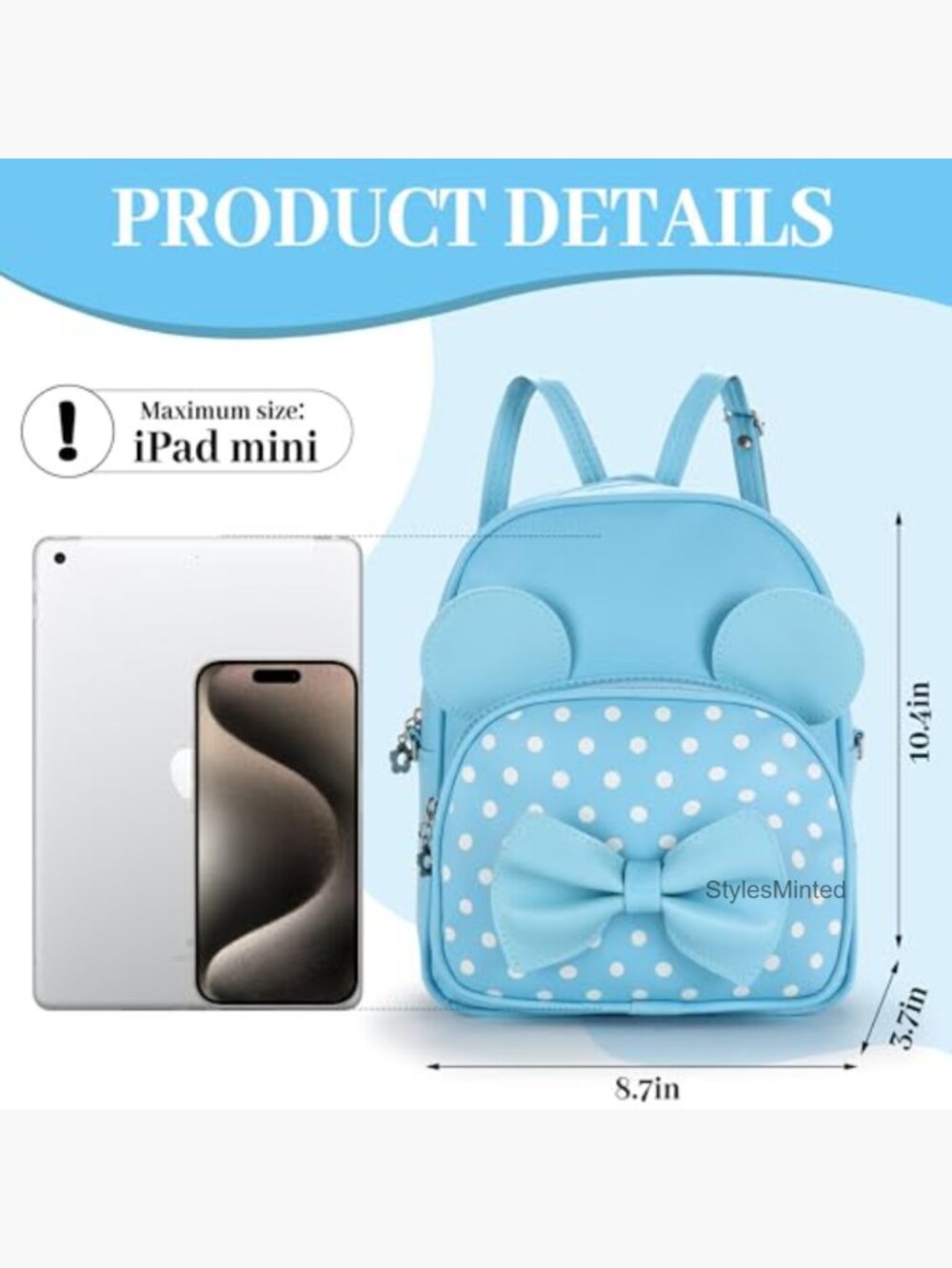 Cute Bowknot Polka Dot Mini Backpack - Adjustable Strap Kids Women Daypack - Picture 3 of 7